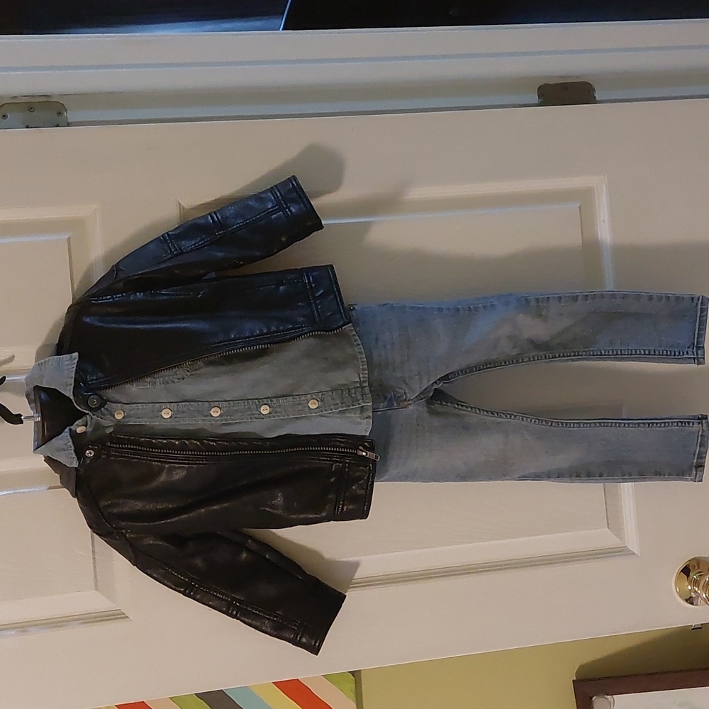 Set of kids pant jean t-shirts  jean black leather jacket 3 4